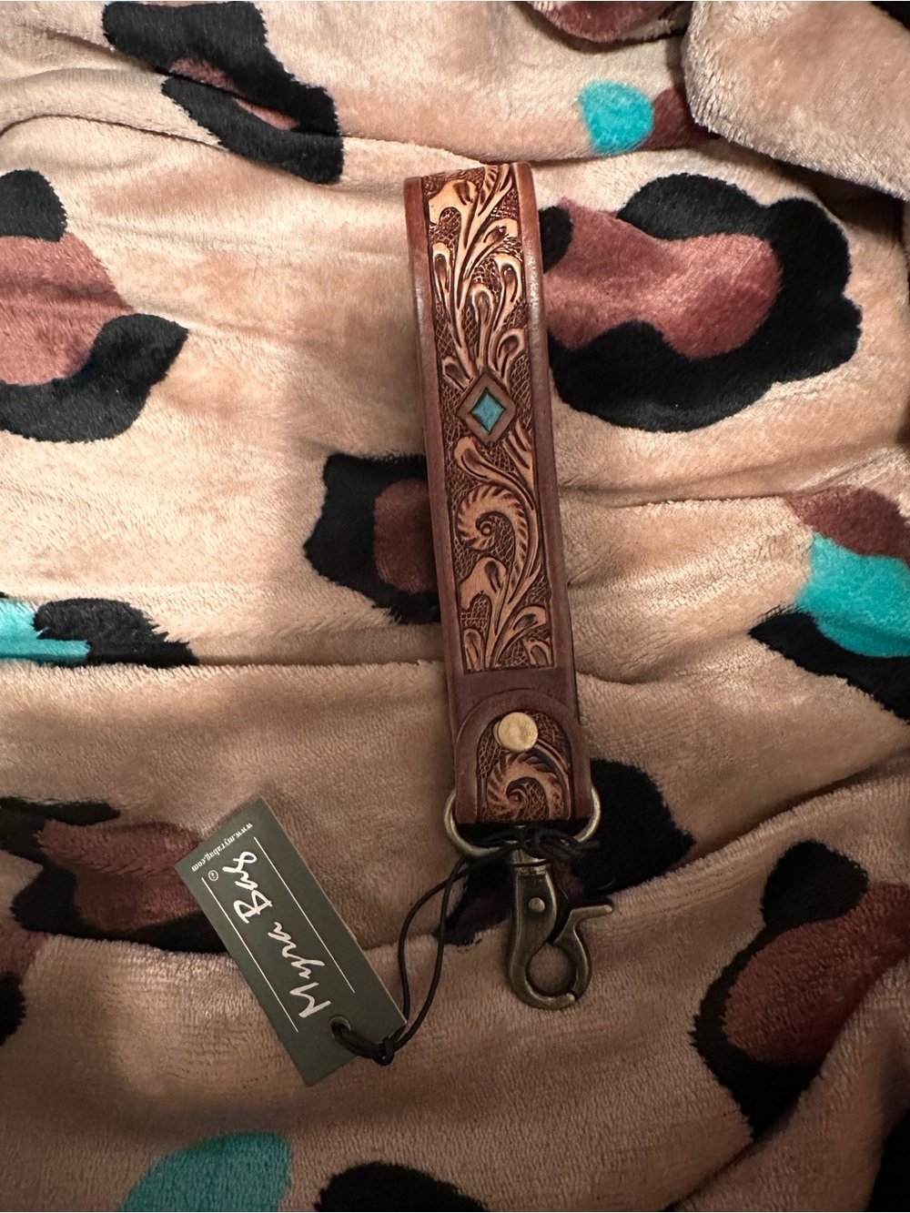 Myra Bag Brown Leather Wristlet with Turquoise Accents